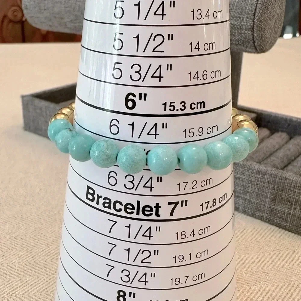 Turquoise Beaded 18k PVD Stainless Steel Ball Stretch Bracelet Waterproof - Picture 5 of 5